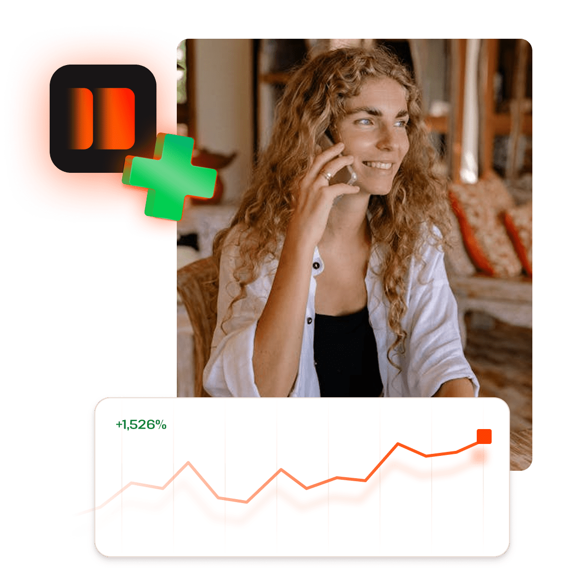 Women speaking on the cell phone, with chart increasing in revenue floating on top