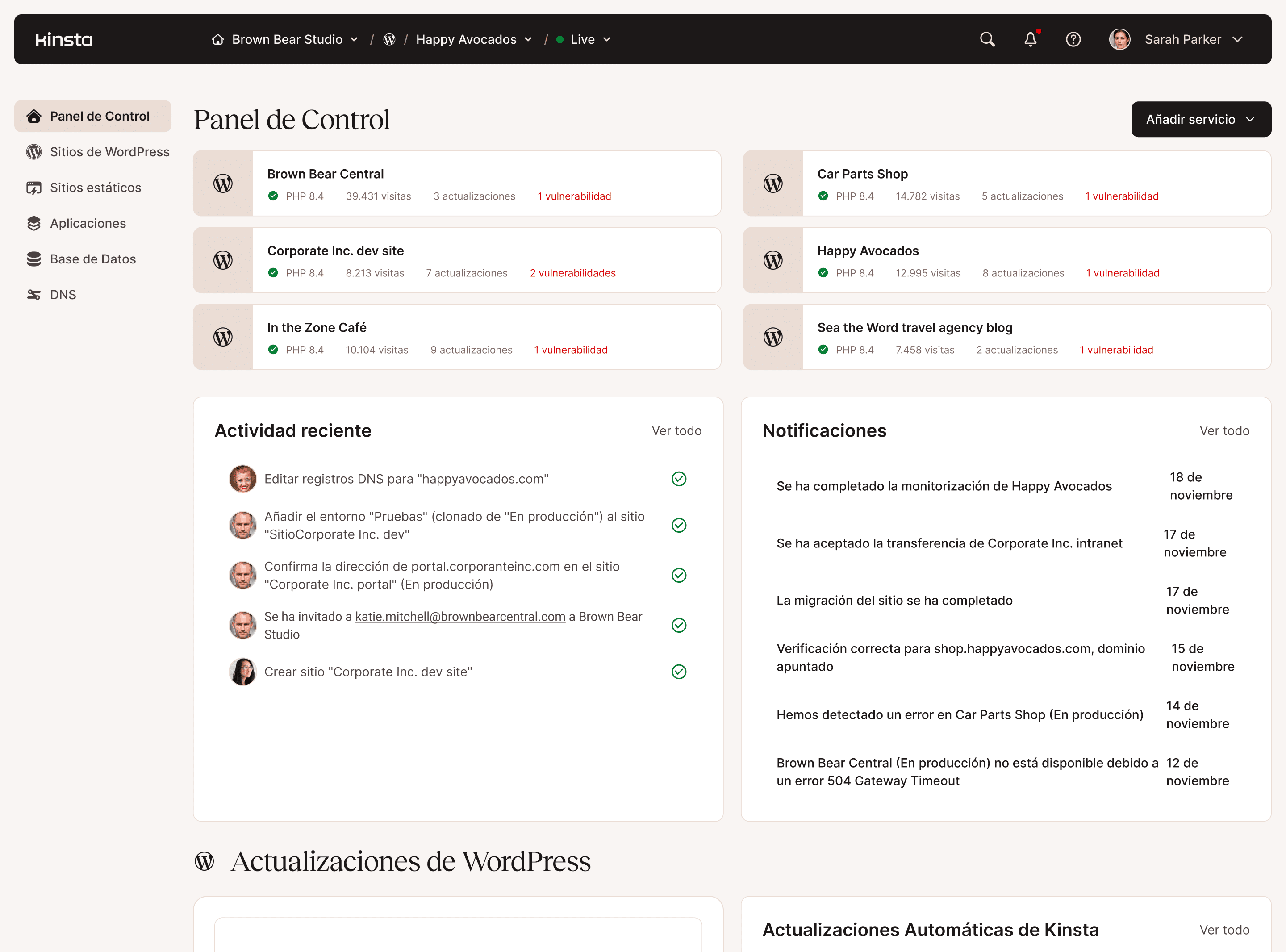 Panel de control de administración del servidor