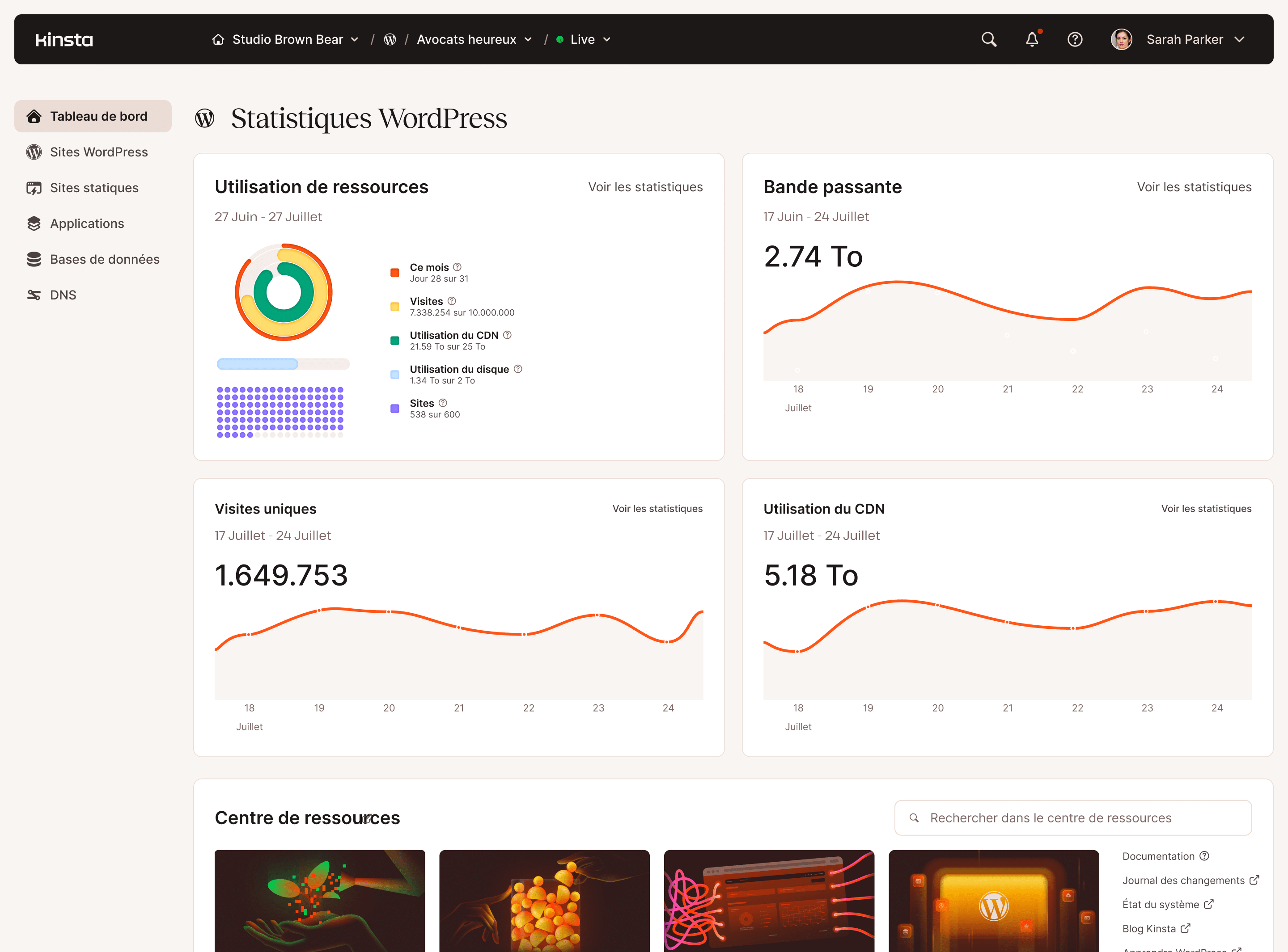 Tableau de bord d'analyse des serveurs web avec diagrammes et graphiques