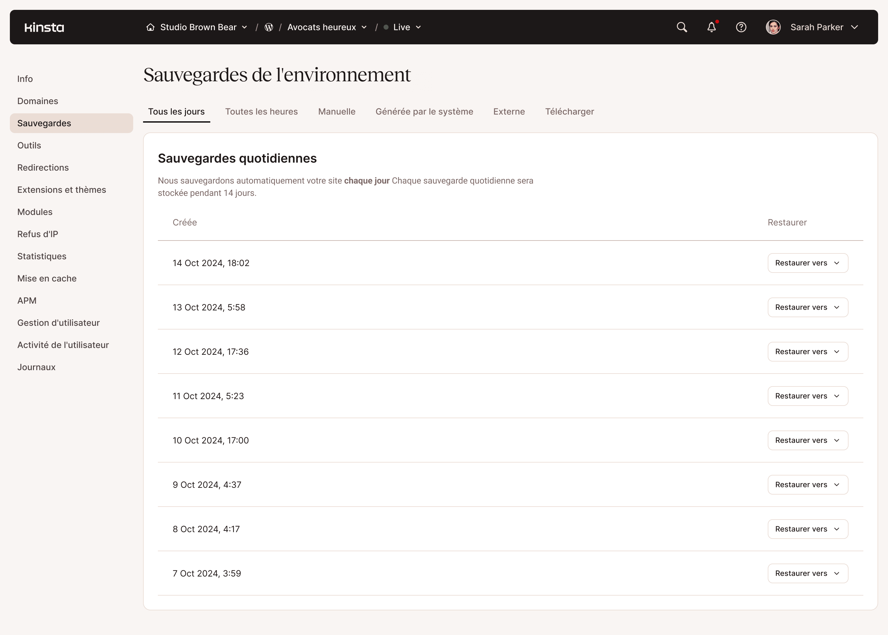 Panneau de configuration des environnements d'hébergement web et des sauvegardes